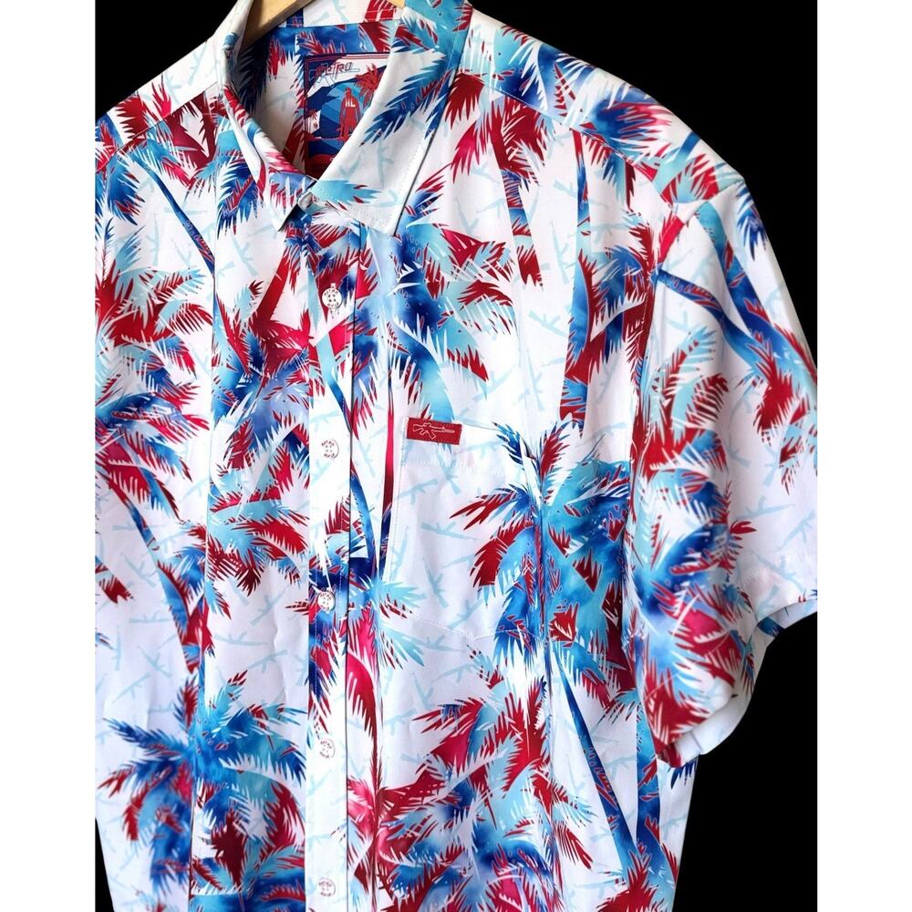 Retro Rifle AKs & Vacays Button Up Shirt Mens XL Red White Blue Hawaiian USA - Picture 3 of 11